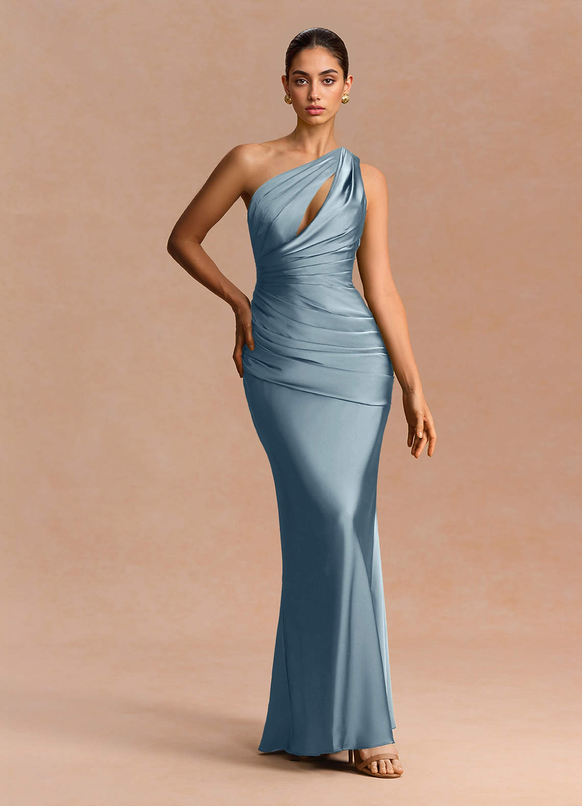 Guinevere One-Shoulder Cutout Stretch Satin Evening Dress in Dusty Blue