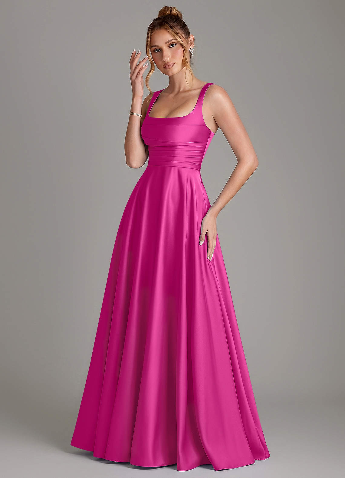 Azaria A-Line Square-Neck Stretch Satin Bridesmaid Dress in Fuchsia