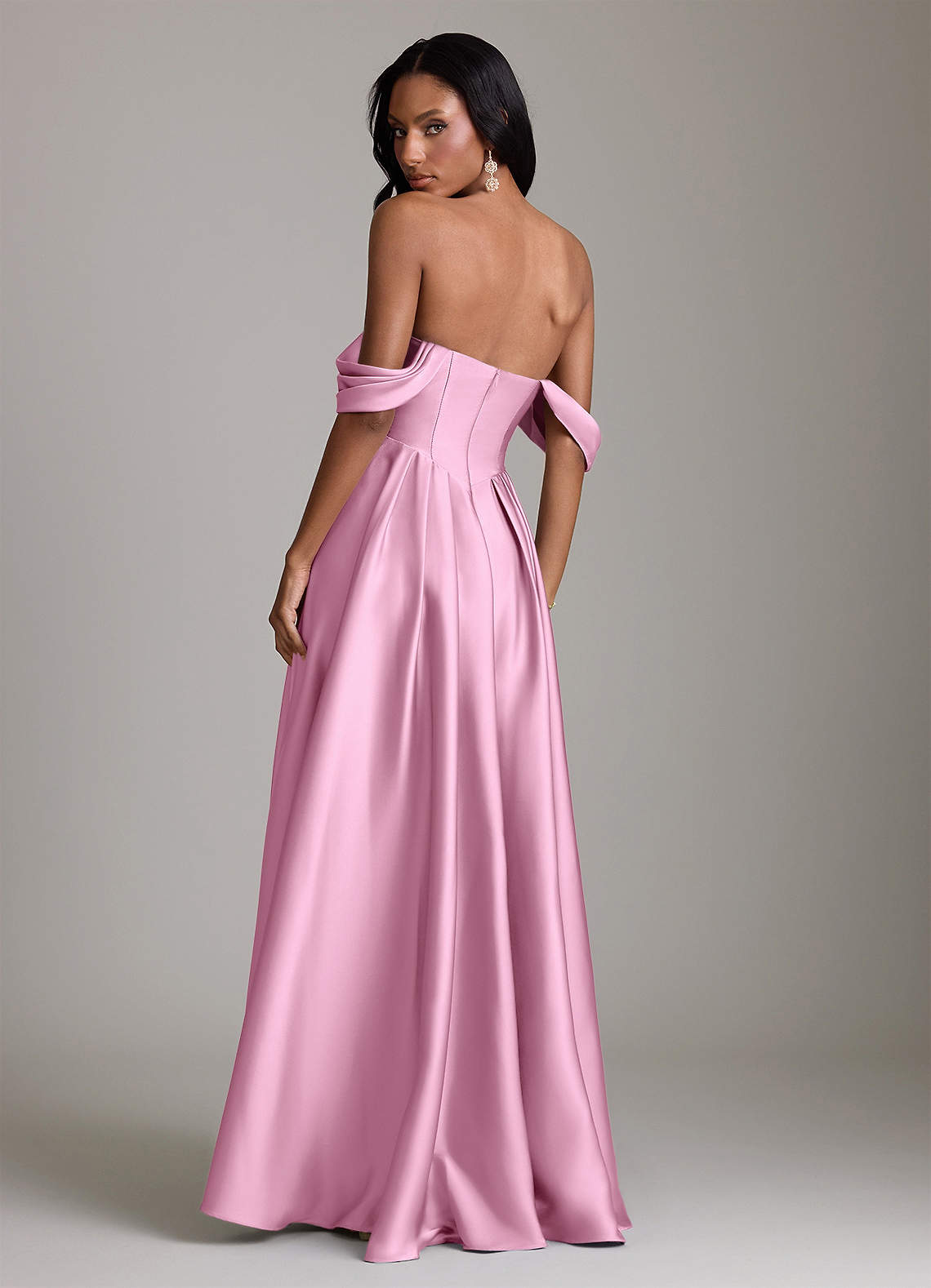 Loisa A-Line Off-the-Shoulder Stretch Satin Bridesmaid Dress in candy pink