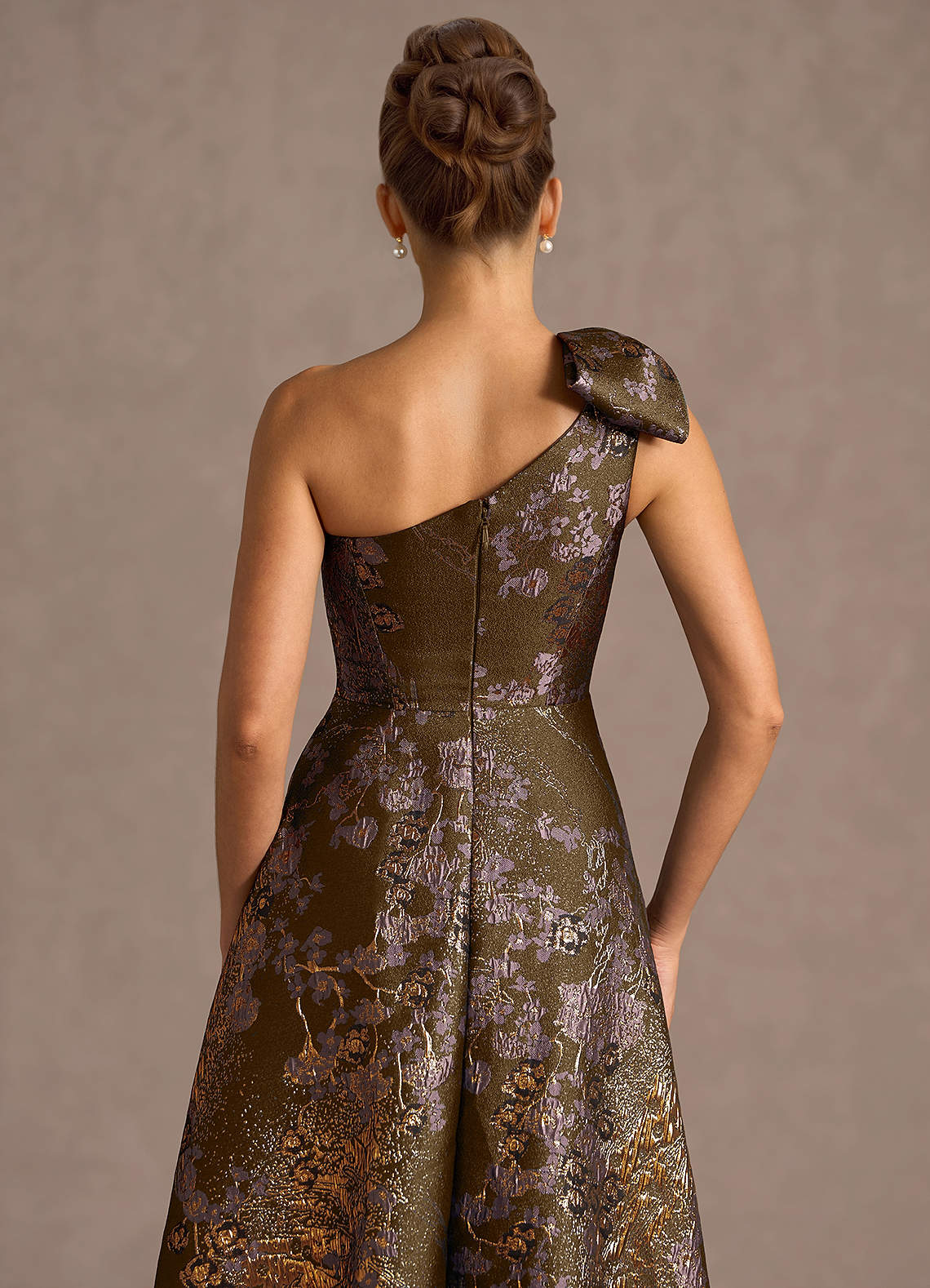 Jonelle A-Line One-Shoulder Metallic Jacquard Evening Dress in Mocha Coco