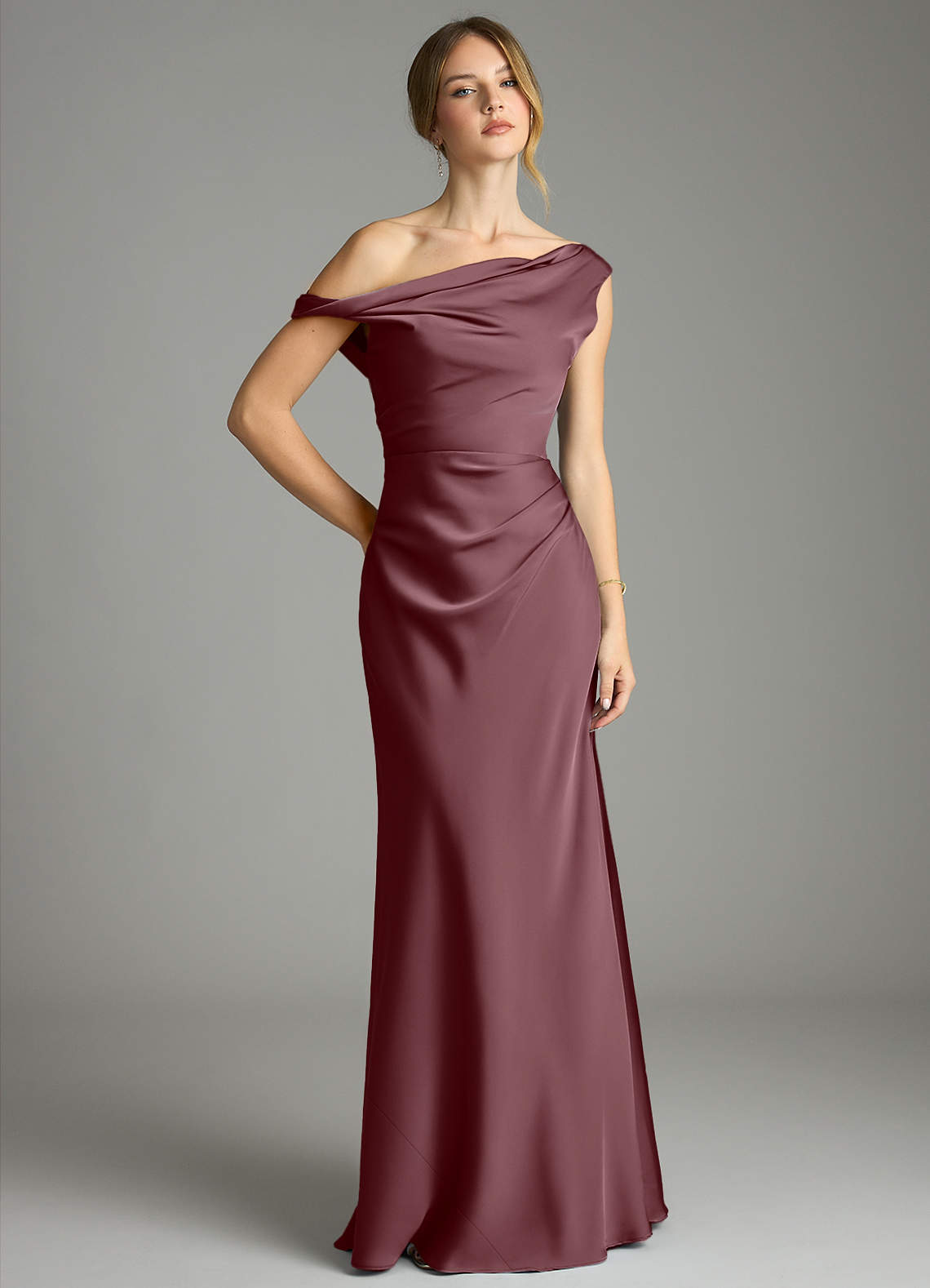 Emerson Mermaid One-Shoulder Stretch Satin Bridesmaid Dress in Sangria