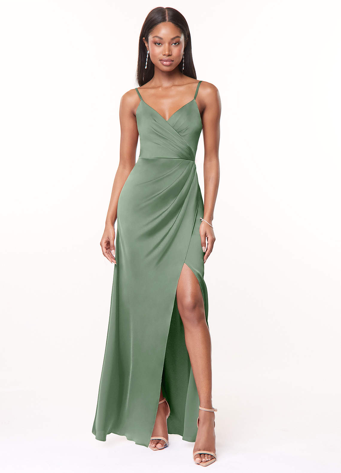 Maci A-Line V-Neck Stretch Satin Bridesmaid Dress in Matcha