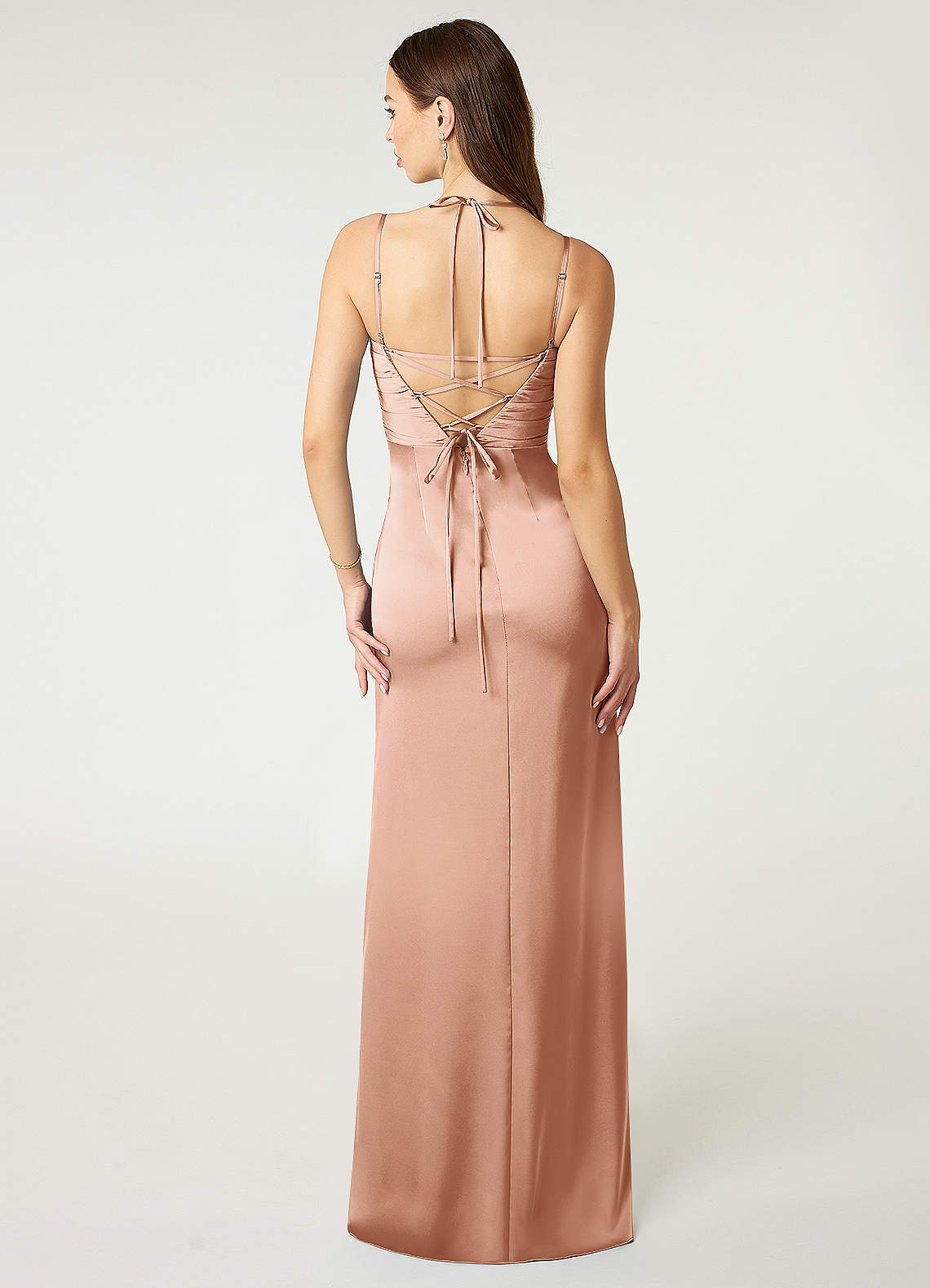 Desi Sheath Halter Stretch Satin Bridesmaid Dress in rose gold