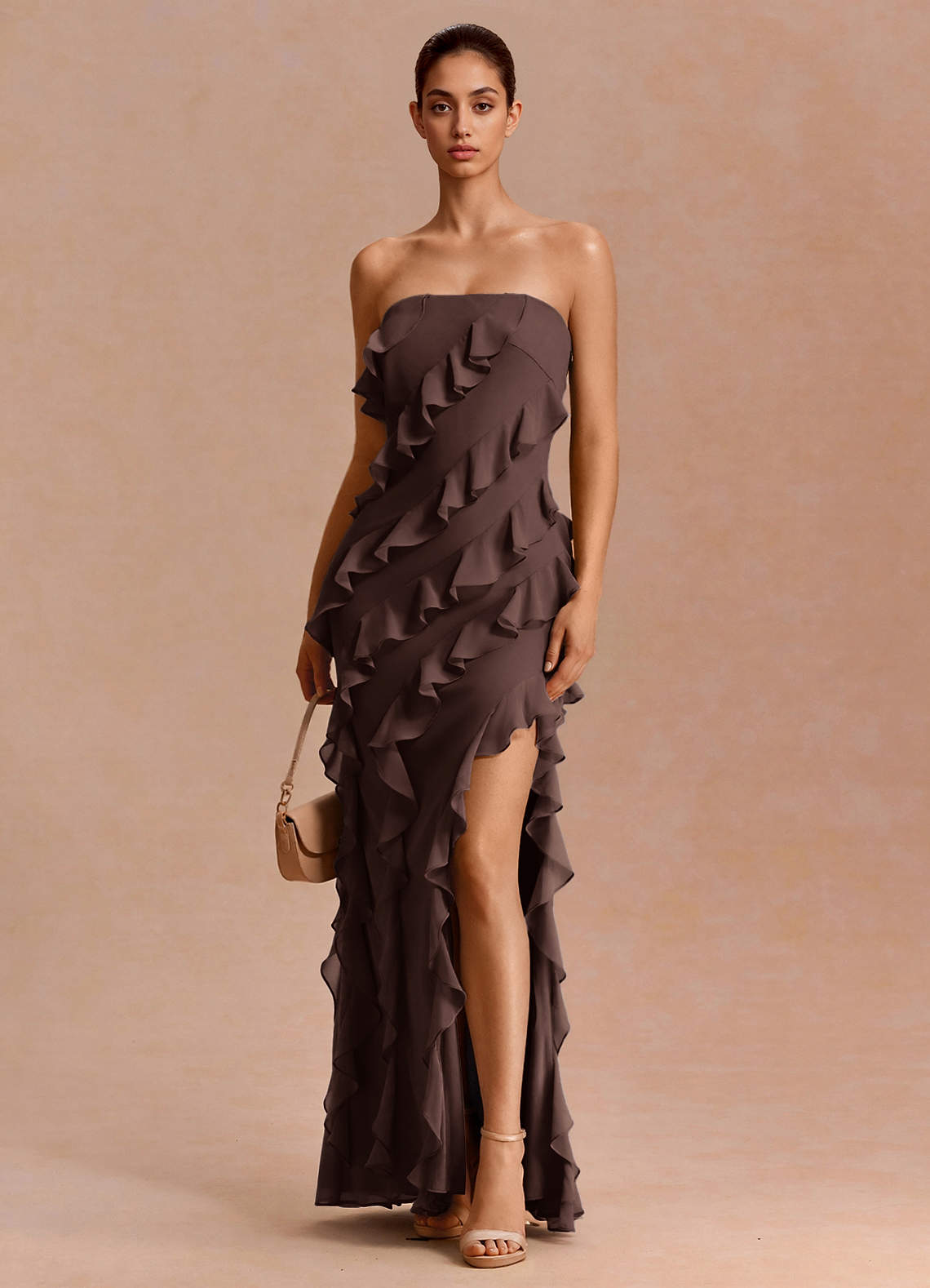 Eira A-Line Ruffle Chiffon Evening Dress in Truffle