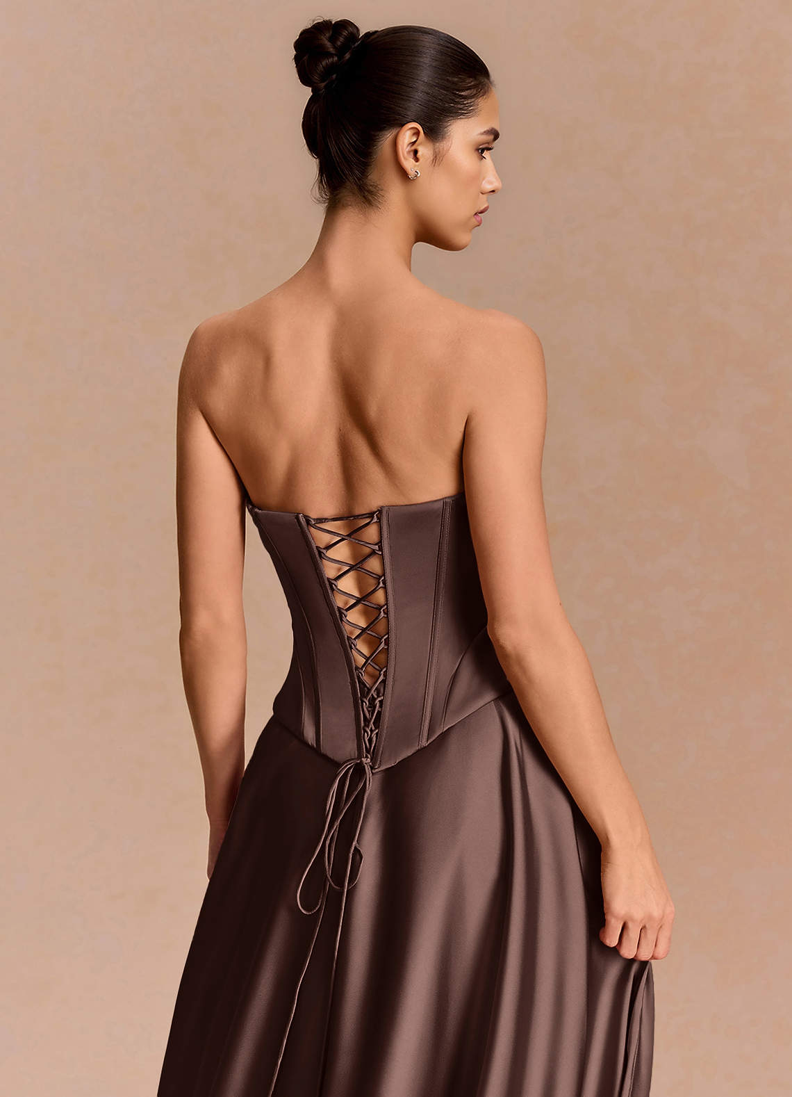 Eponine A-Line Pleated Stretch Satin Evening Dress in Truffle