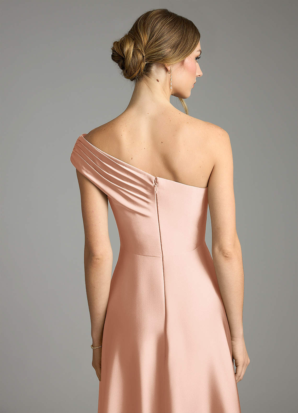 Melanie A-Line One-Shoulder Stretch Satin Bridesmaid Dress in rose gold