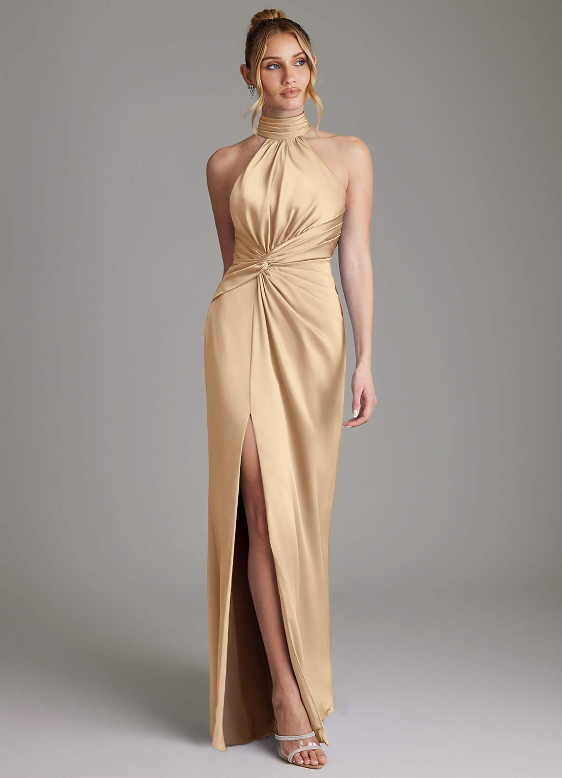 Gracelynn Sheath Halter Stretch Satin Bridesmaid Dress in Champagne