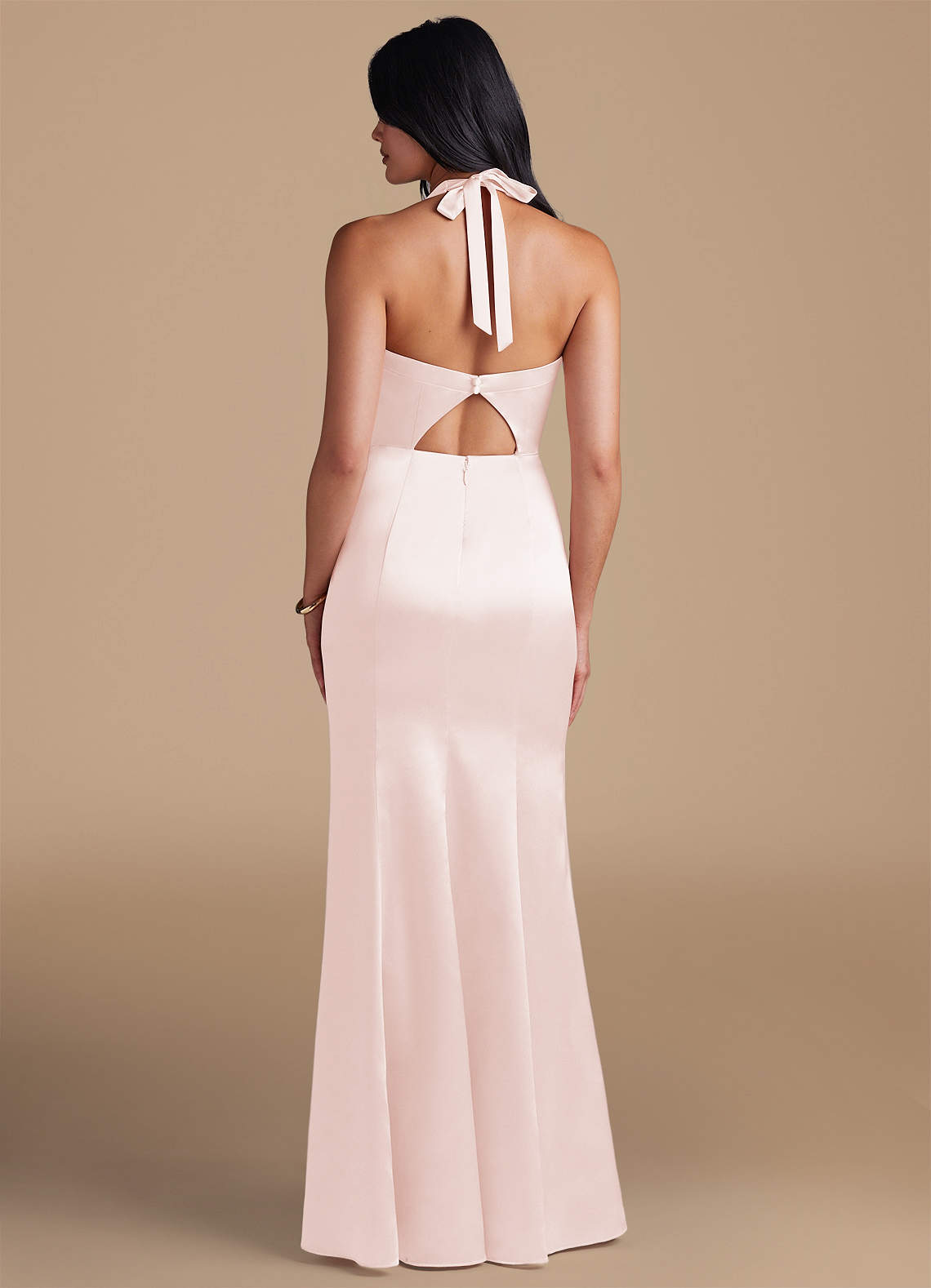 Emeria Sheath Halter Metallic Satin Bridesmaid Dress in rose gold