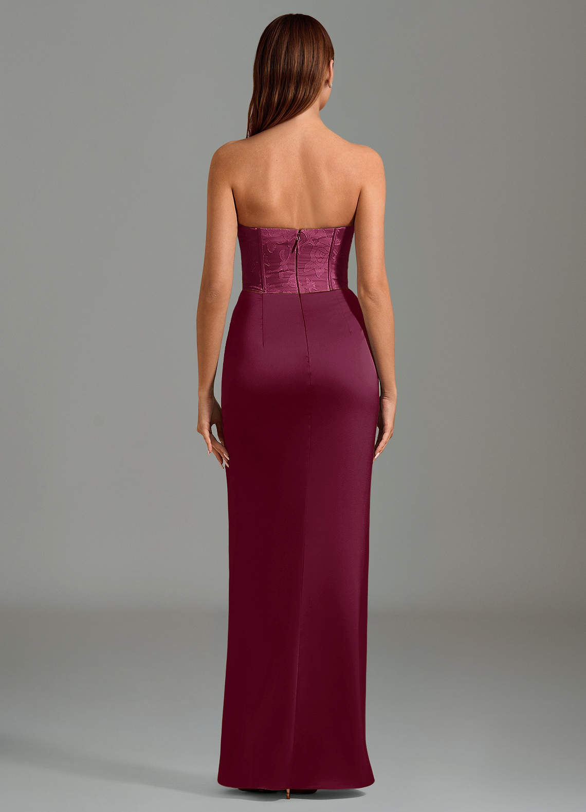 Emilia Mermaid Strapless Stretch Satin and Floral Burnout Bridesmaid Dress in Mulberry