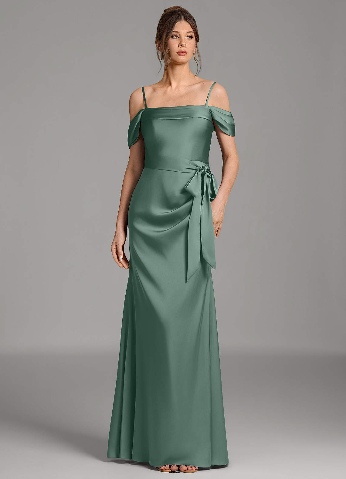 Wyatt Mermaid Off-the-Shoulder Stretch Satin Bridesmaid Dress in Eucalyptus