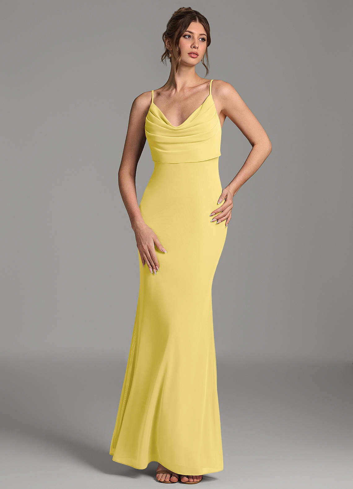 Zari Mermaid Cowl-Neck Mesh Bridesmaid Dress in Canary