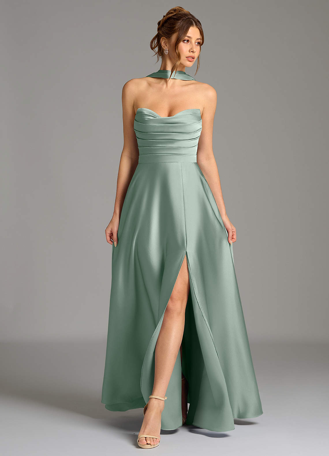 Ayla A-Line Sweetheart Stretch Satin Bridesmaid Dress in Agave