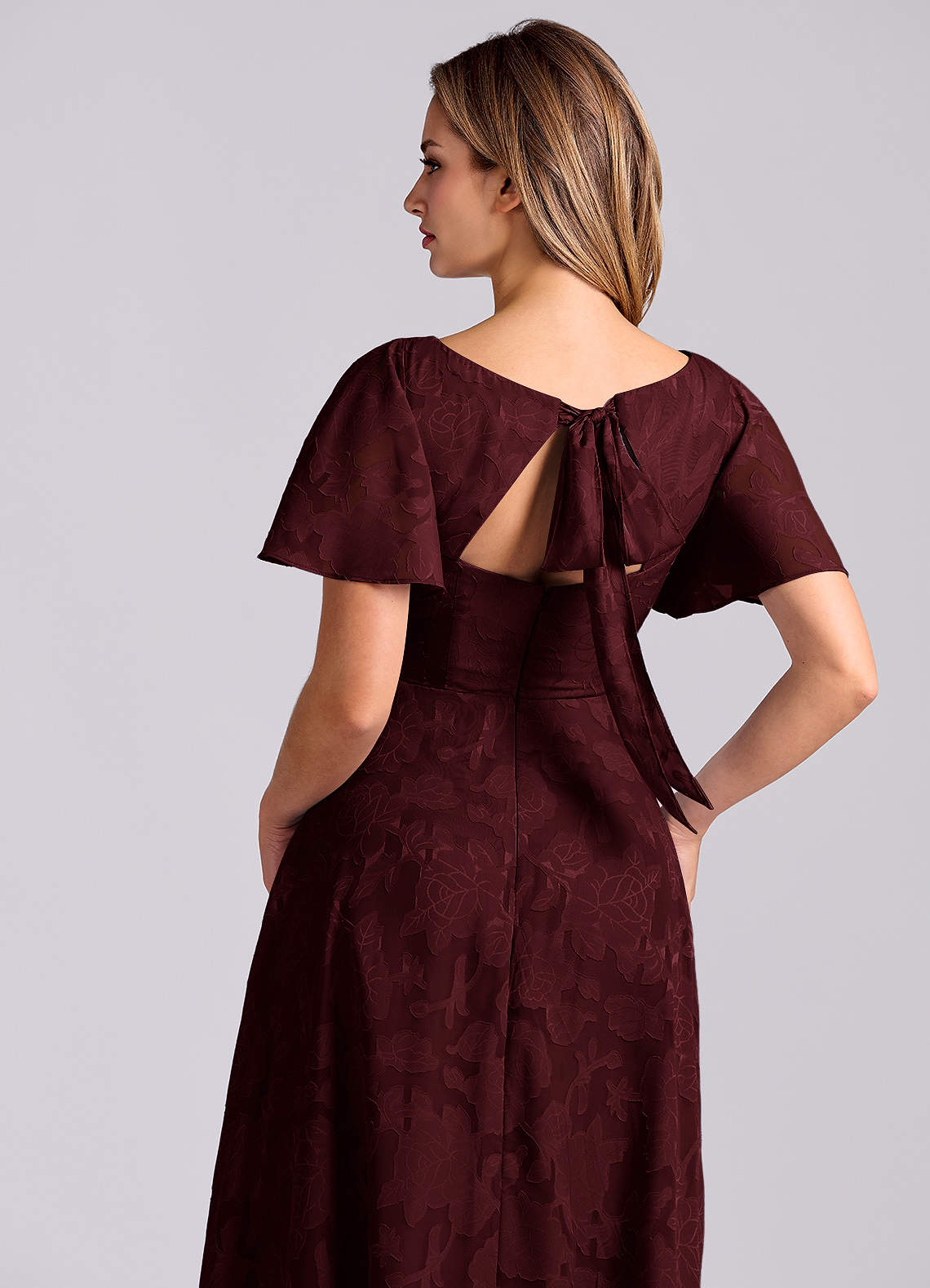 Kimber A-Line V-Neck Floral Burnout Bridesmaid Dress in Cabernet