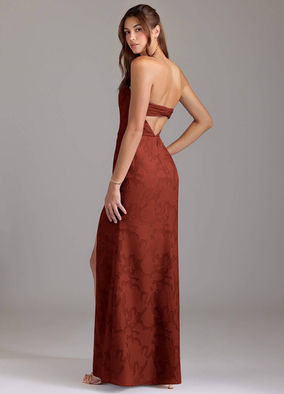 Leonis Sheath Strapless Floral Burnout Bridesmaid Dress in Terracotta