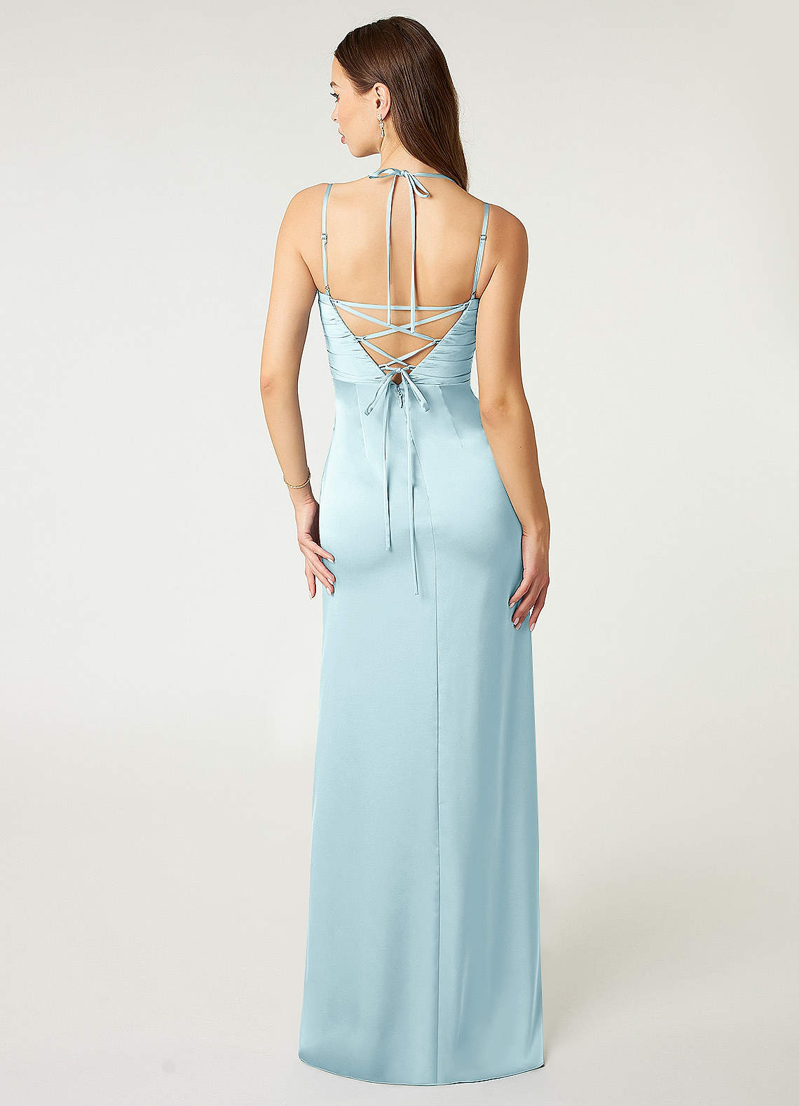 Desi Sheath Halter Stretch Satin Bridesmaid Dress in Cloud Blue