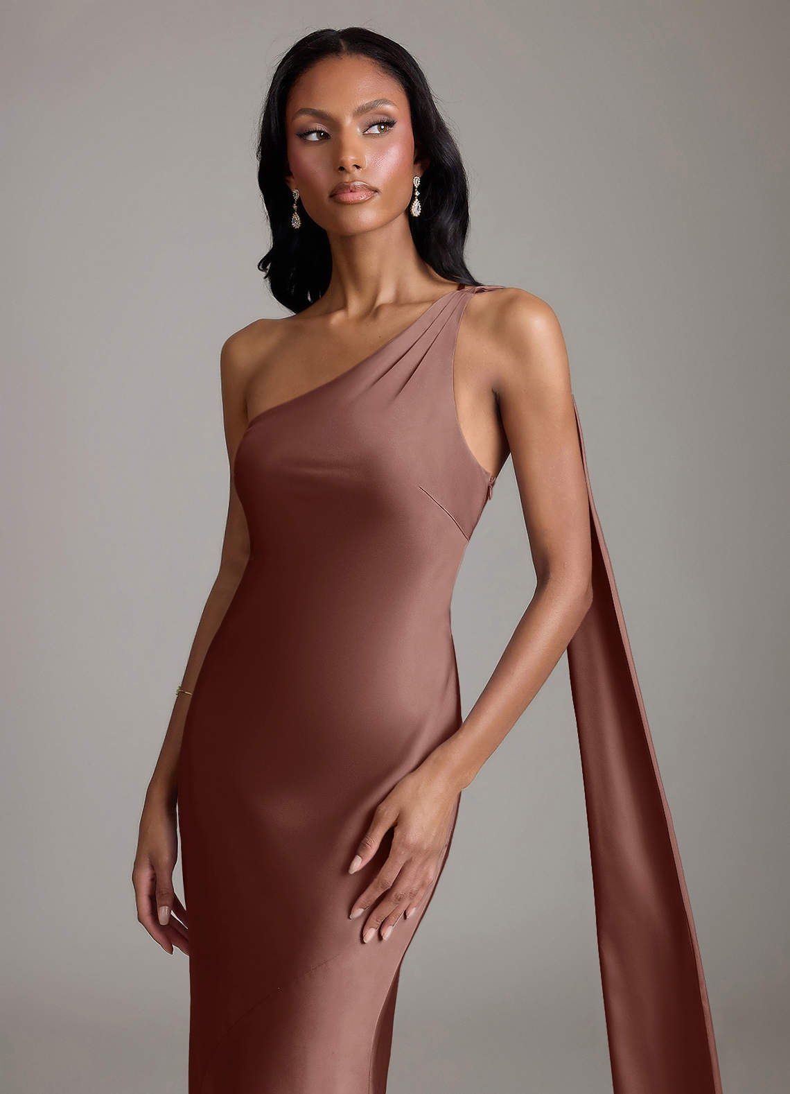 Juniper Mermaid One-Shoulder Stretch Satin Bridesmaid Dress in Espresso