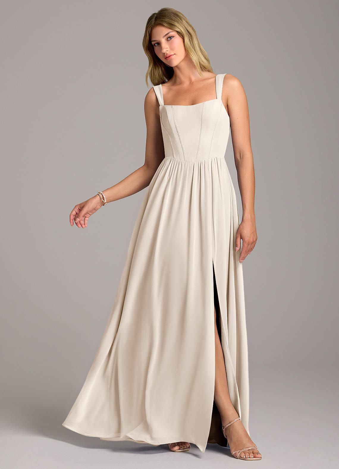 Rosaline A-Line Square-Neck Chiffon Bridesmaid Dress in White Alabaster