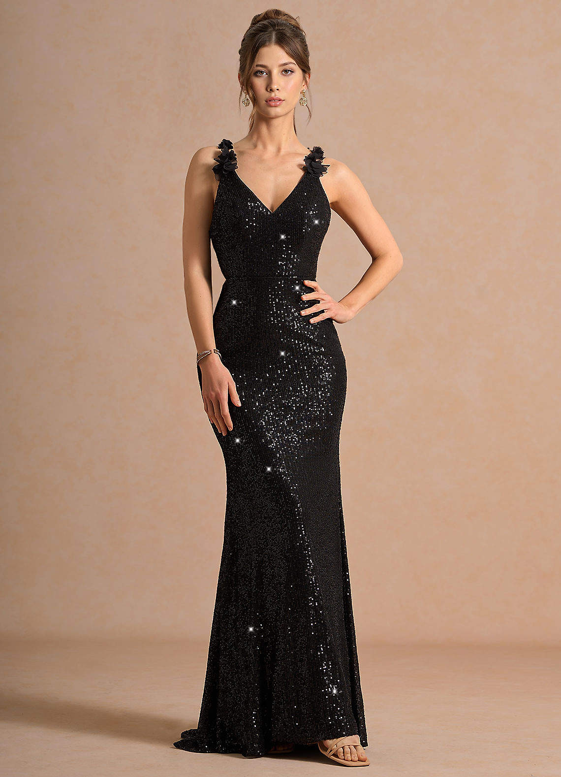 Selara Open-Back Floral Sequin Chiffon Evening Dress in Black