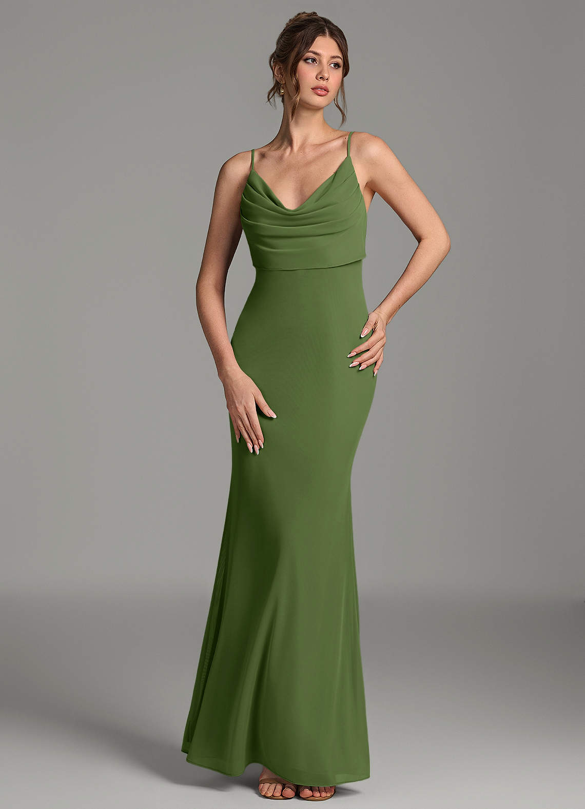 Zari Mermaid Cowl-Neck Mesh Bridesmaid Dress in Olive