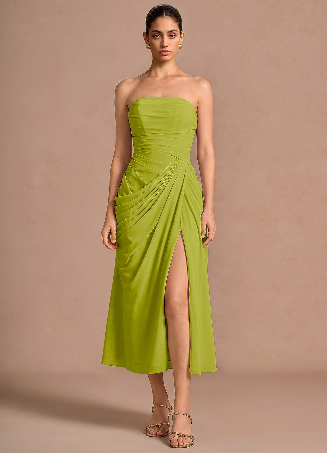 Kaavia Column Pleated Chiffon Midi Evening Dress in Dusty Blue
