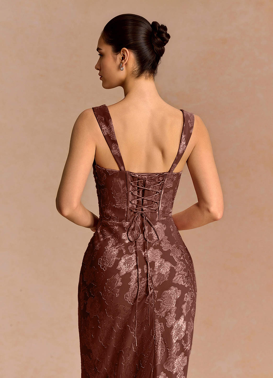 Agustina Square-Neck Pleated Fil Coupé Evening Dress in Mocha Coco