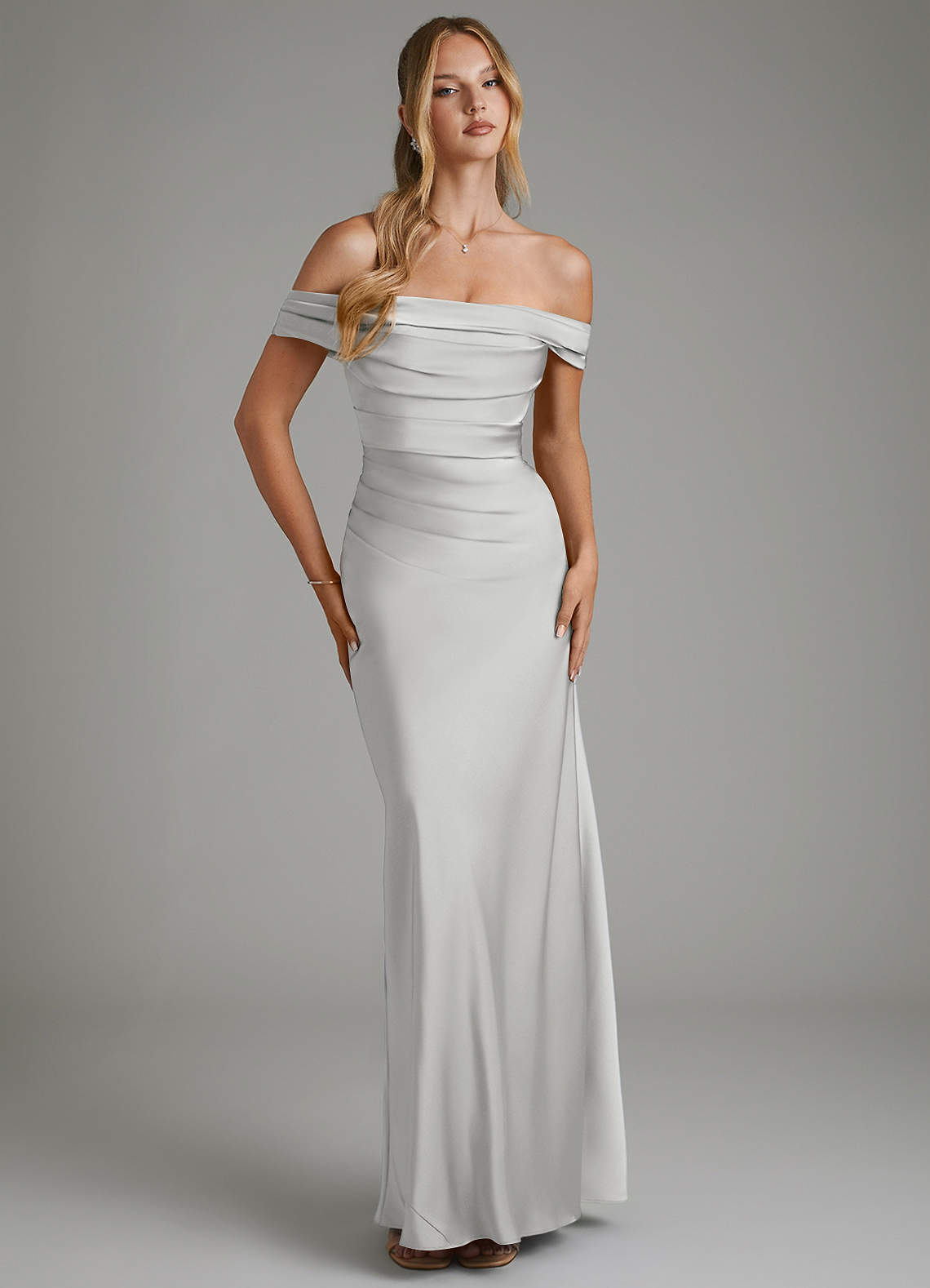 Hayden Mermaid Off-the-Shoulder Stretch Satin Bridesmaid Dress in Silver