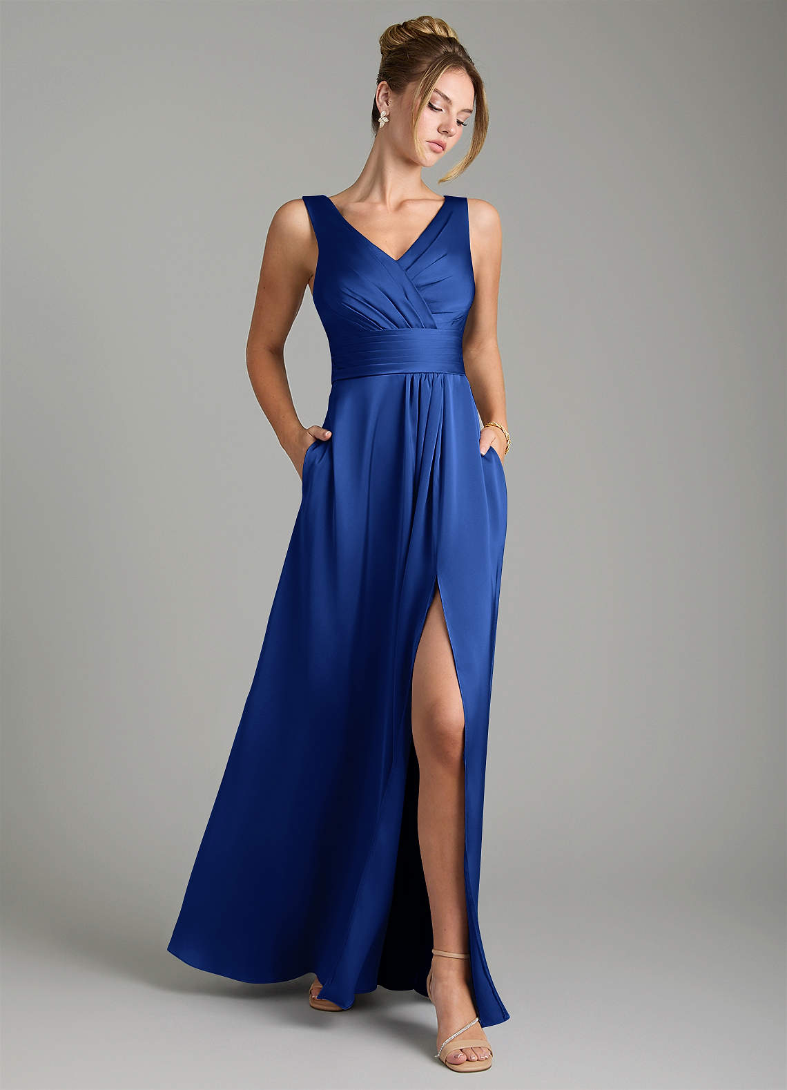 Karina A-Line V-Neck Stretch Satin Bridesmaid Dress in Royal Blue