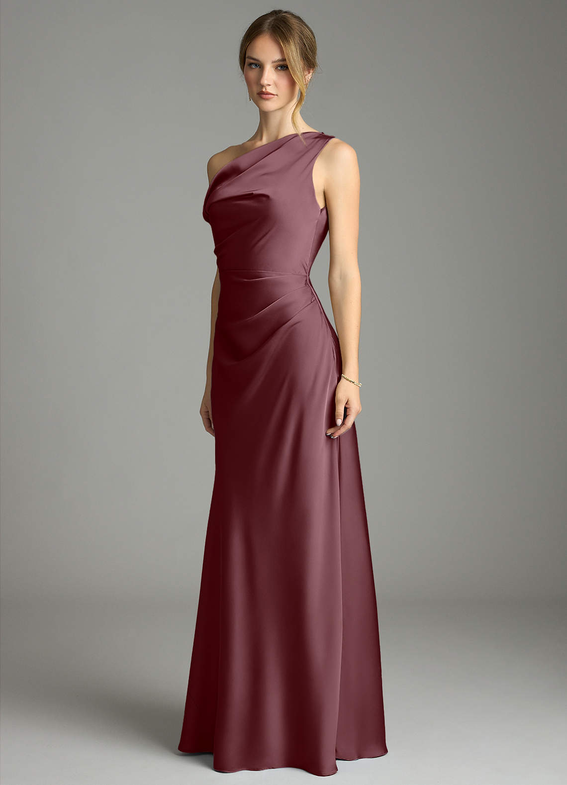 Emerson Mermaid One-Shoulder Stretch Satin Bridesmaid Dress in Sangria