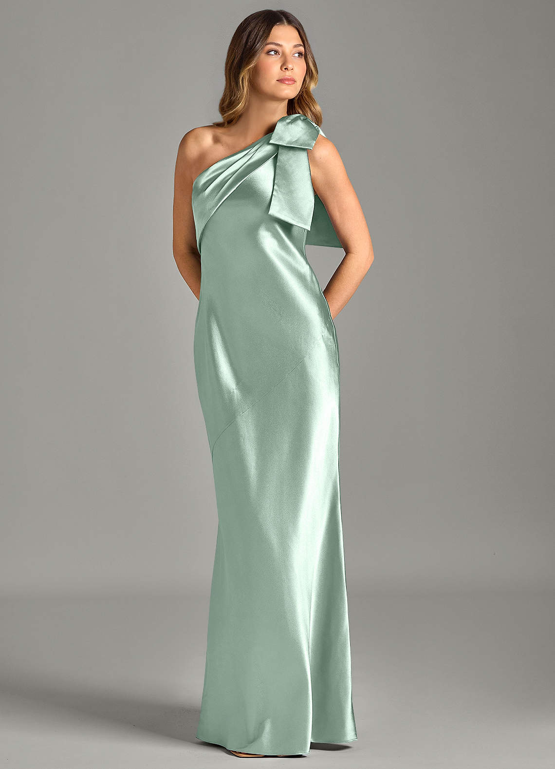 Yuanna Mermaid One-Shoulder Metallic Satin Bridesmaid Dress in Agave