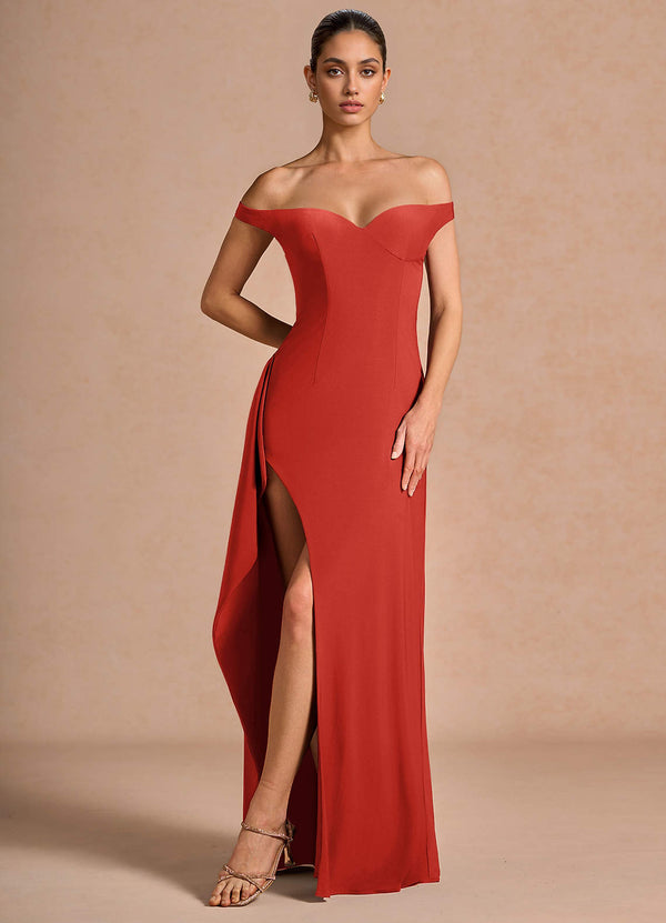 Jasira Sheath V-Neck Stretch Knit Evening Dress in Orange