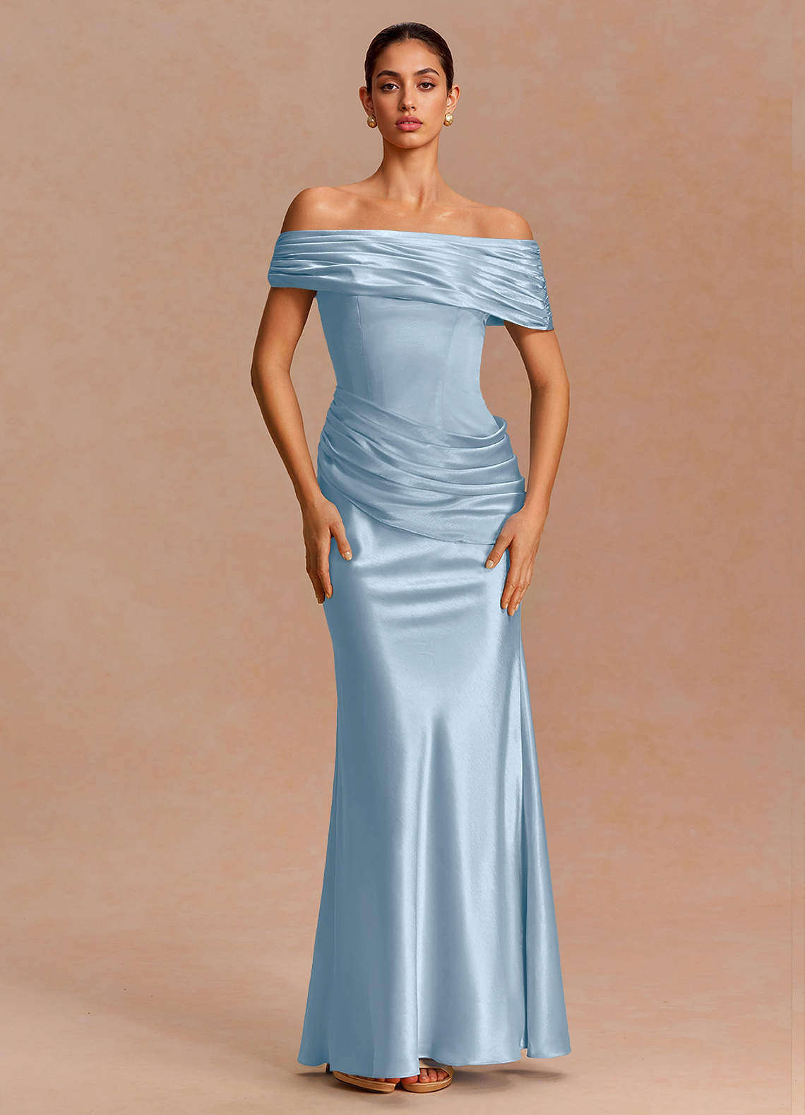 Leonie Strapless Draped-Shoulder Satin Evening Dress in White