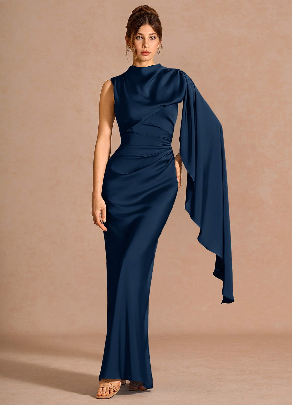 Chesney Cape-Sleeve Pleated Stretch Satin Wedding Guest Dress in Navy