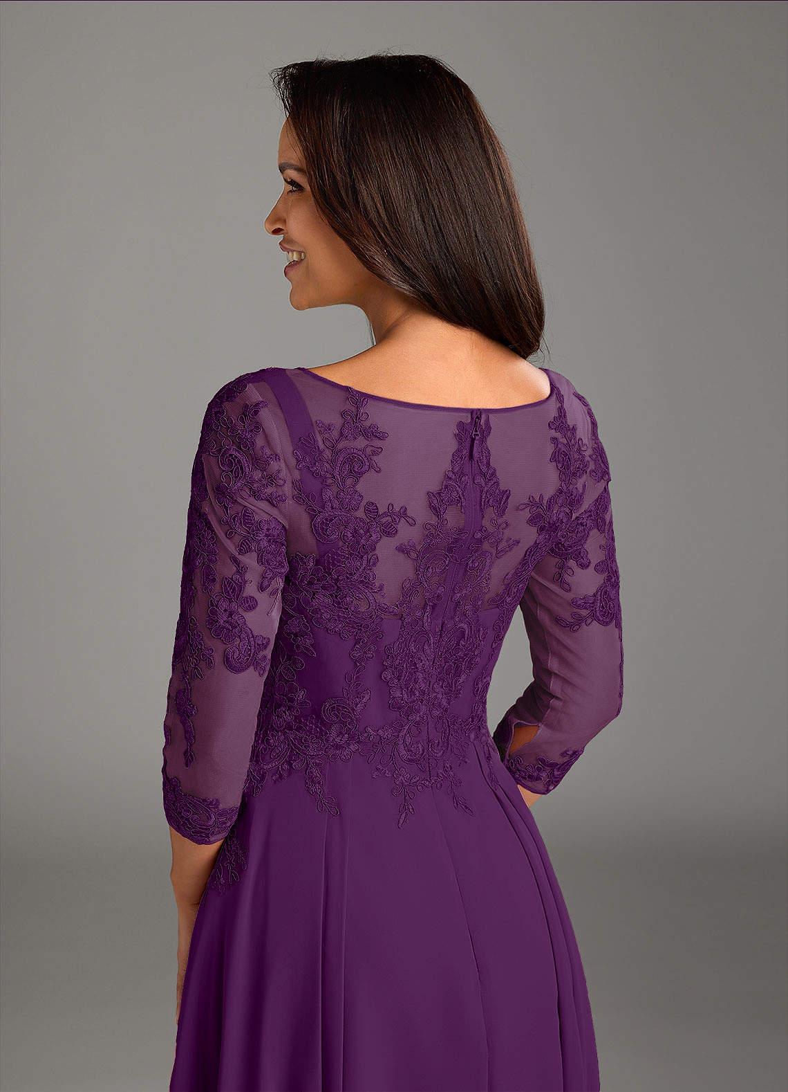 Marge A-Line Scoop-Neck Chiffon and Lace Mother of the Bride Dress in Grape
