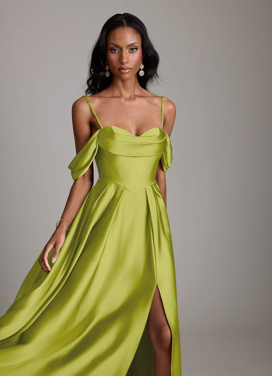 Loisa A-Line Off-the-Shoulder Stretch Satin Bridesmaid Dress in Lemongrass