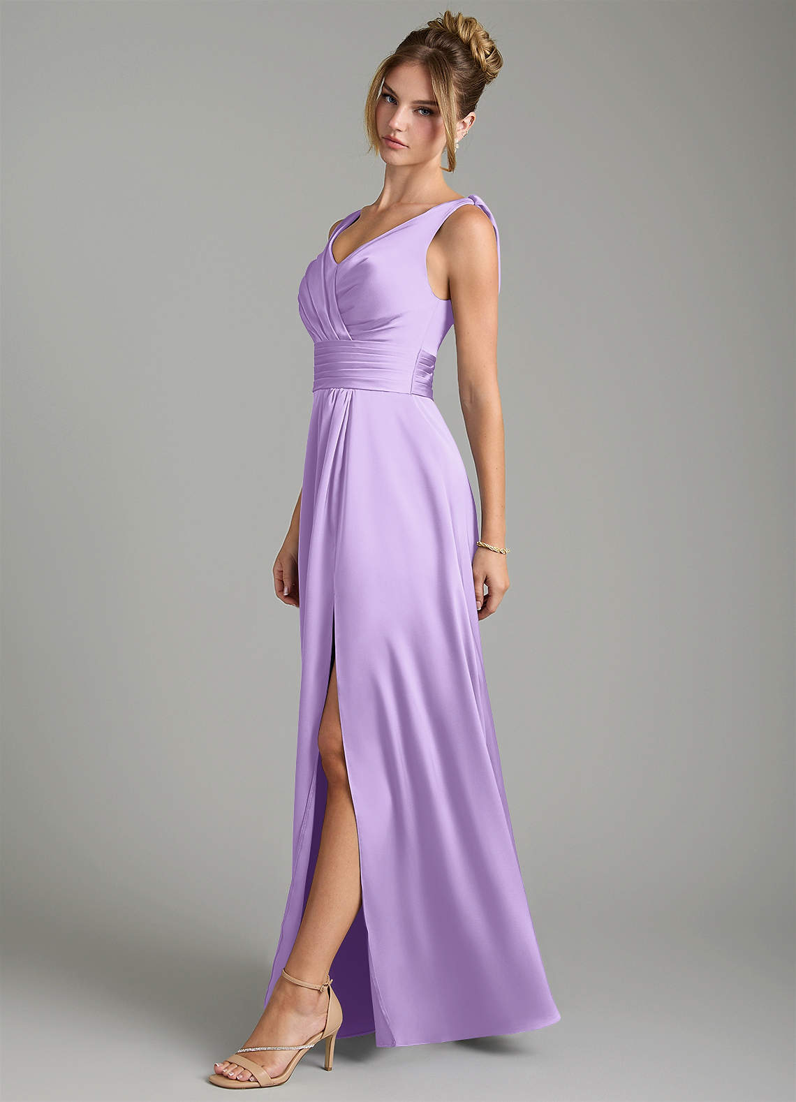 Karina A-Line V-Neck Stretch Satin Bridesmaid Dress in Lilac