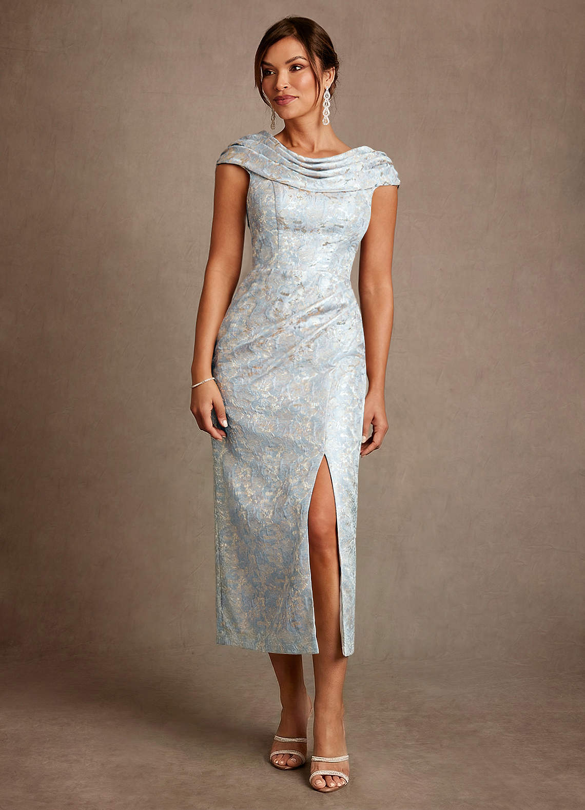 Alpine A-Line Scoop-Neck Jacquard Mother of the Bride Dress in dusty blue