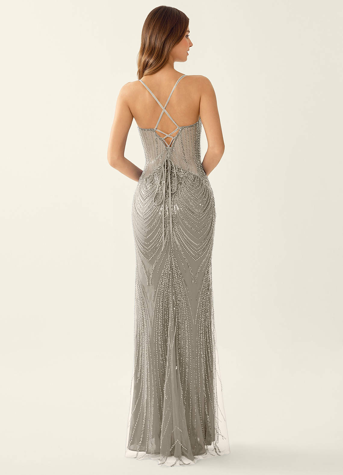 Magnolia Mermaid Beaded Sequined Stretch Mesh Evening Dress in Silver
