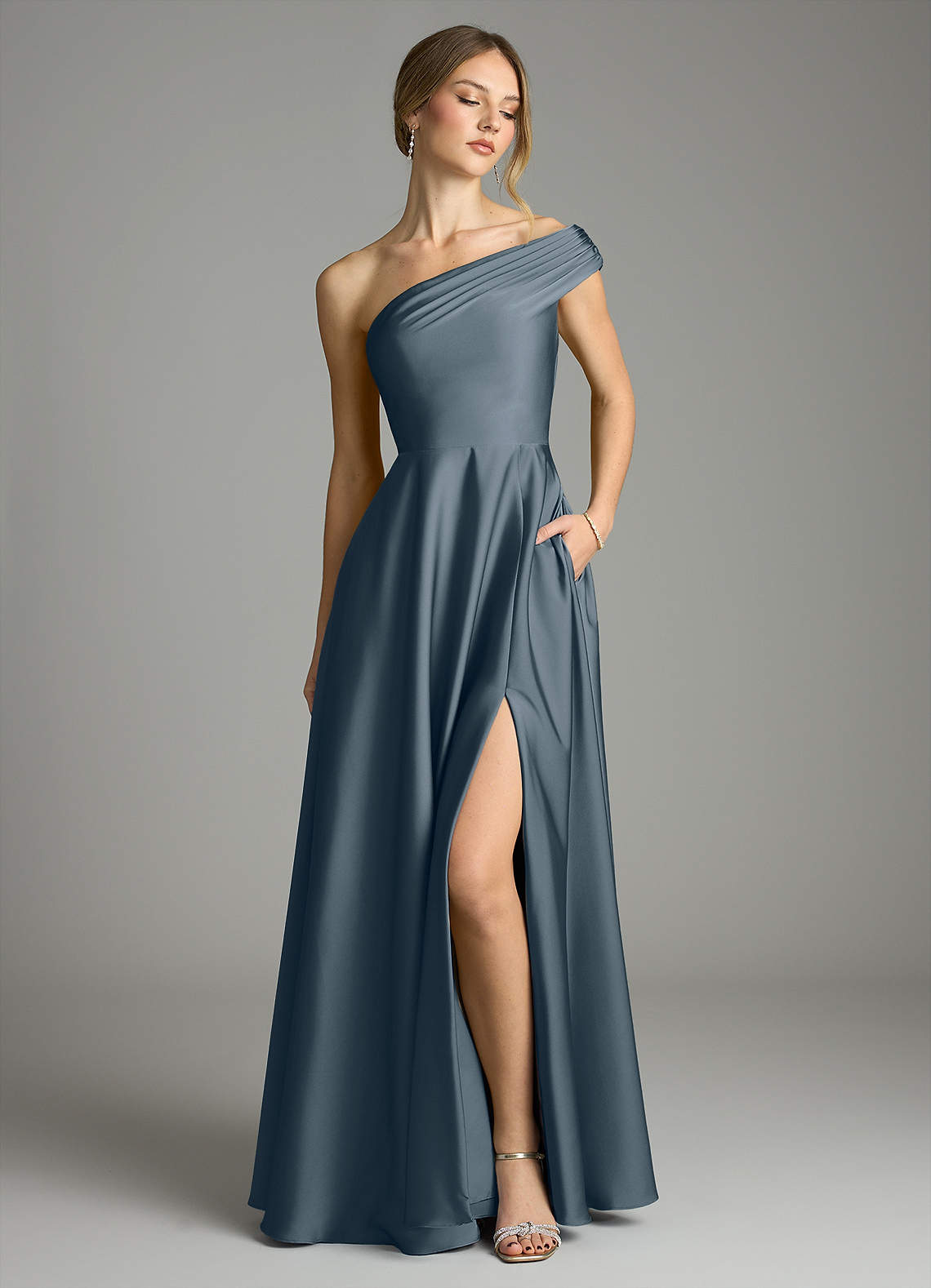 Melanie A-Line One-Shoulder Stretch Satin Bridesmaid Dress in Twilight