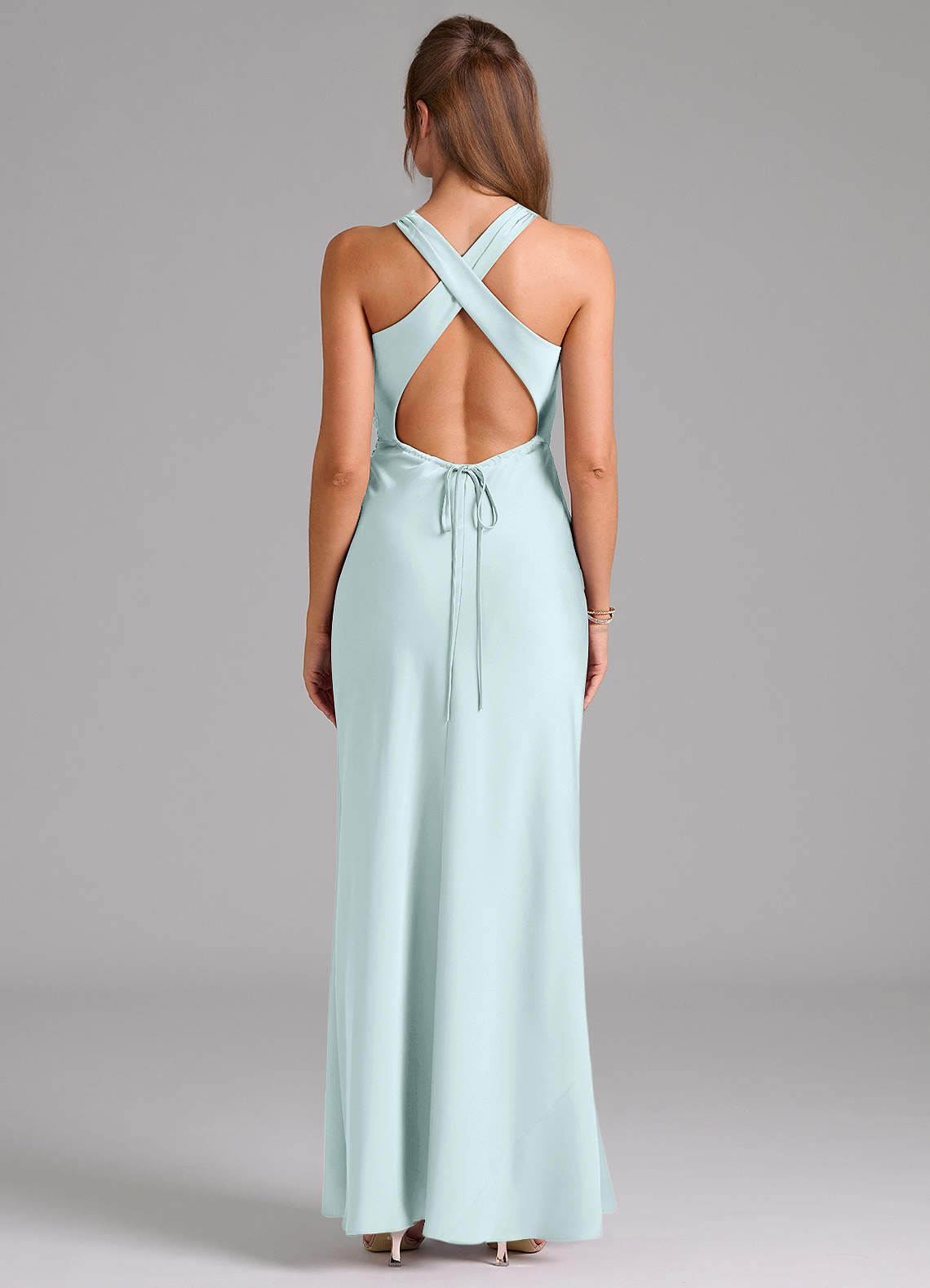 Evadne Sheath Scoop-Neck Stretch Satin Bridesmaid Dress in Sea Glass
