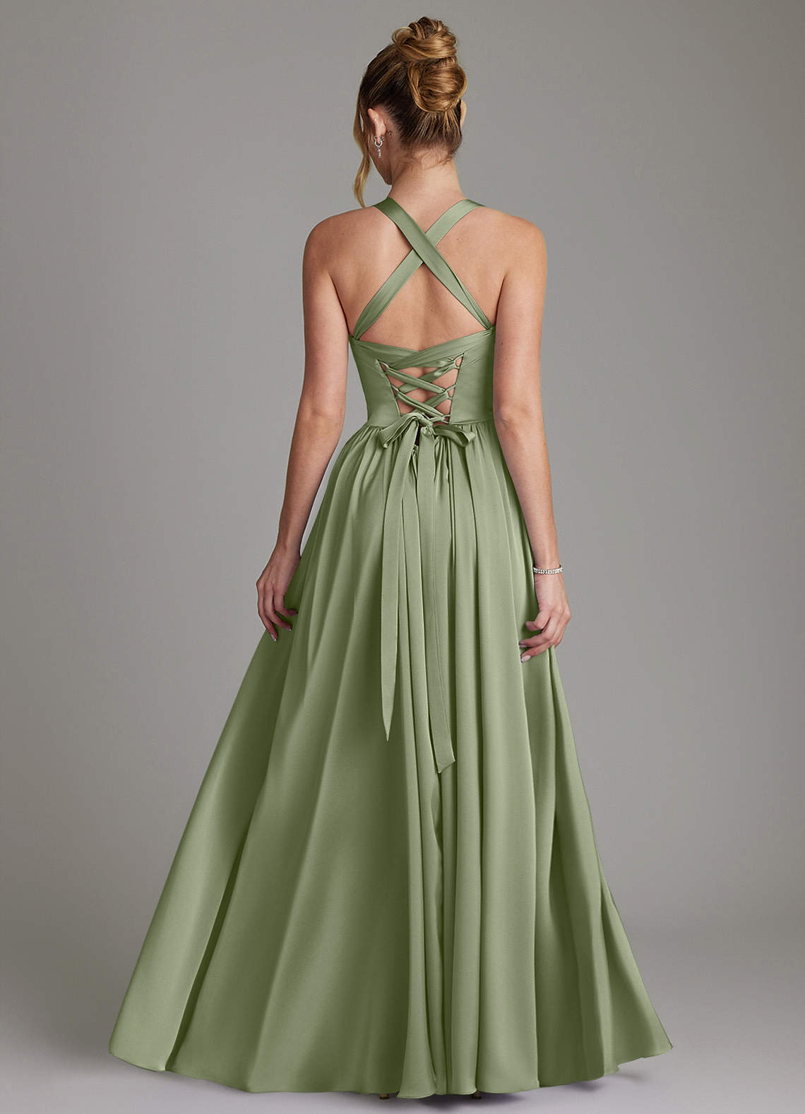 Francis A-Line V-Neck Stretch Satin Bridesmaid Dress in Pistachio