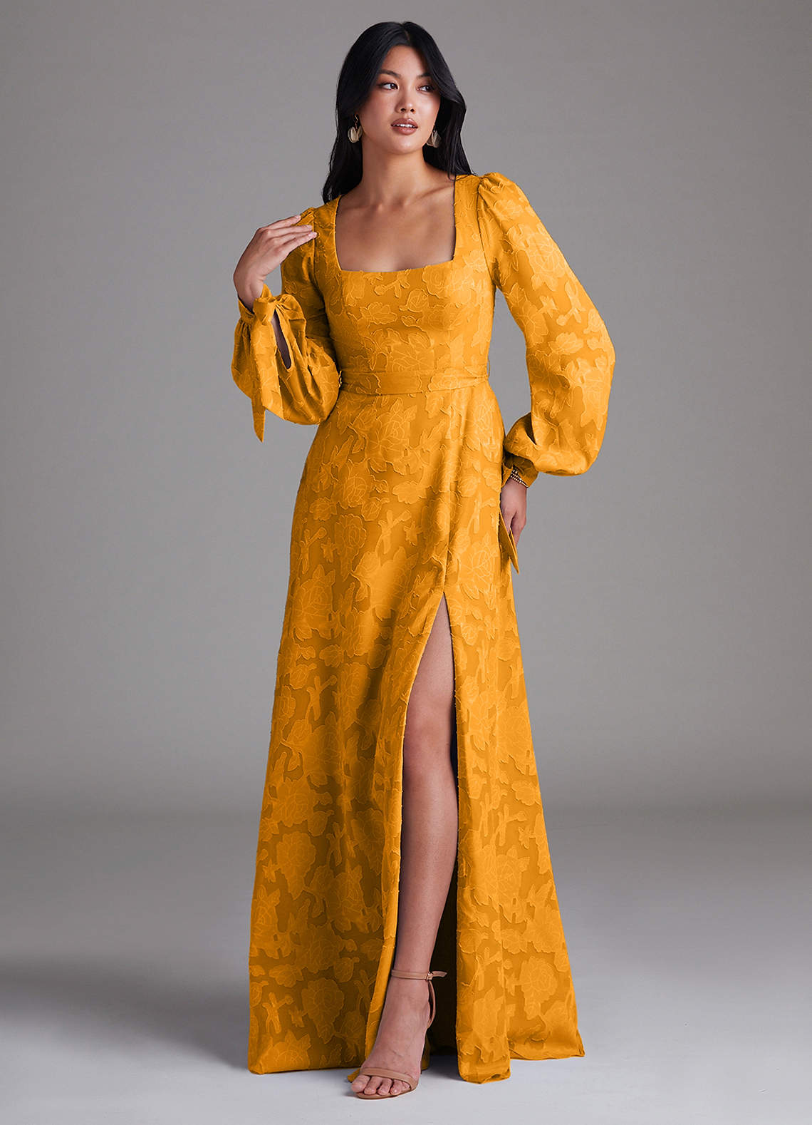 Leonia A-Line Square-Neck Stretch Satin Bridesmaid Dress in butterscotch