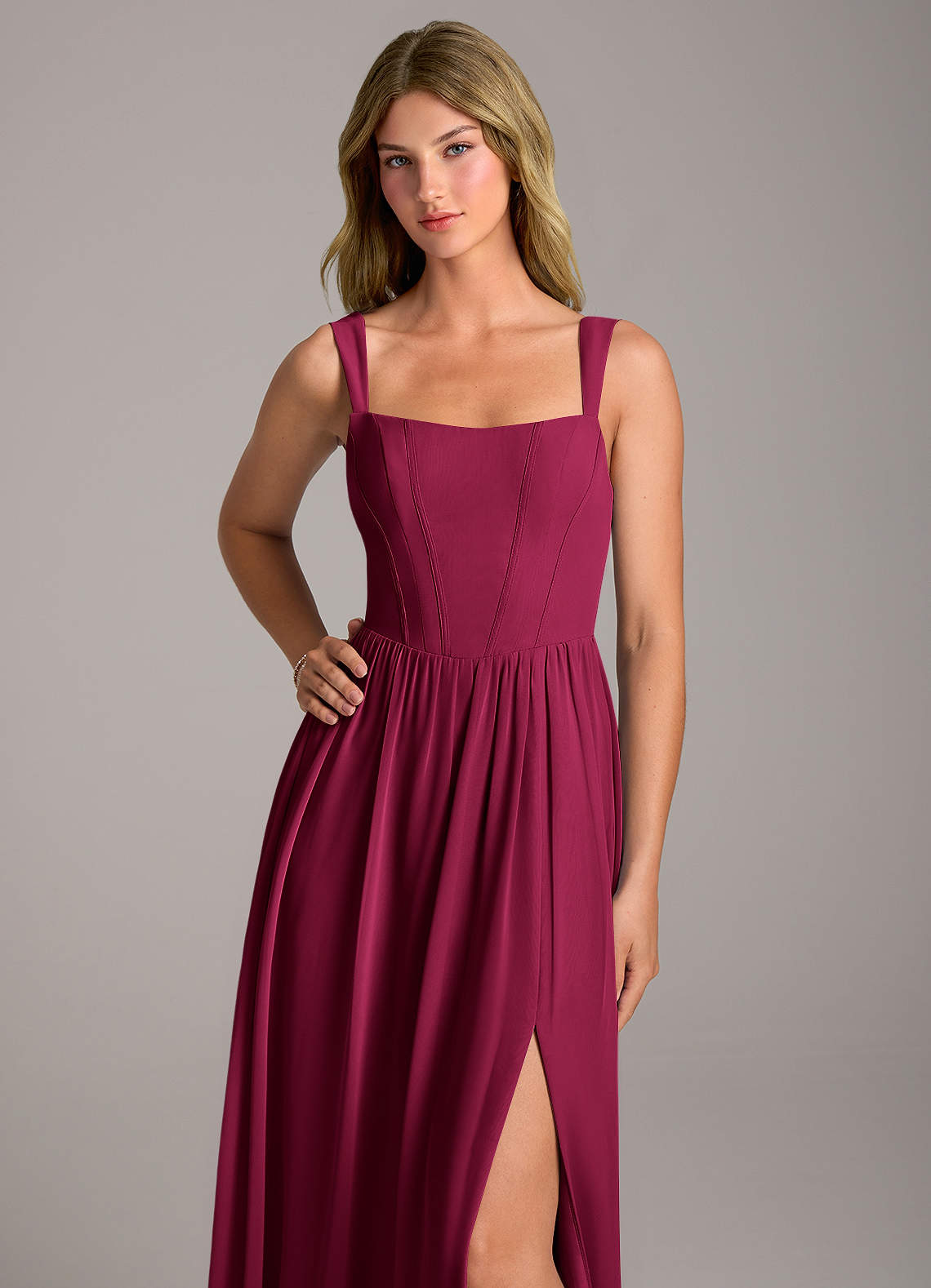 Rosaline A-Line Square-Neck Chiffon Bridesmaid Dress in Burgundy