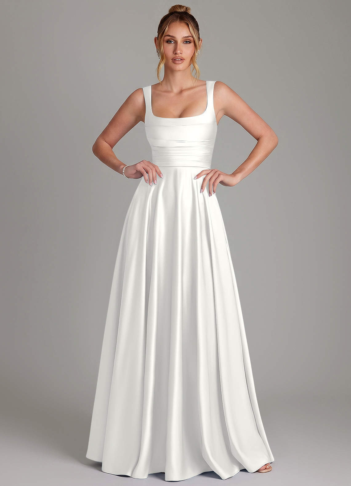 Azaria A-Line Square-Neck Stretch Satin Bridesmaid Dress in white