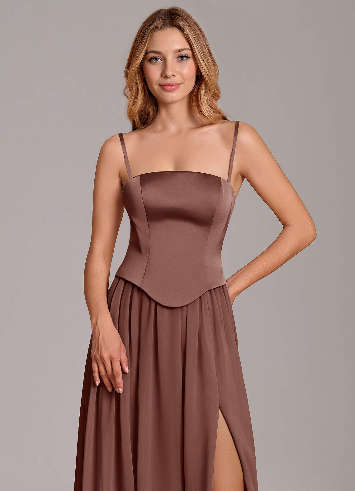 Cadence A-Line Strapless Chiffon and Stretch Satin Bridesmaid Dress in Espresso