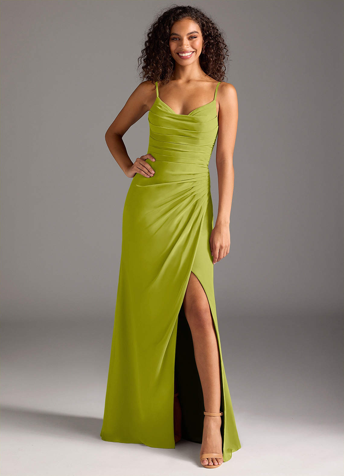 Deandra Mermaid Cowl-Neck Chiffon Bridesmaid Dress in Lemongrass