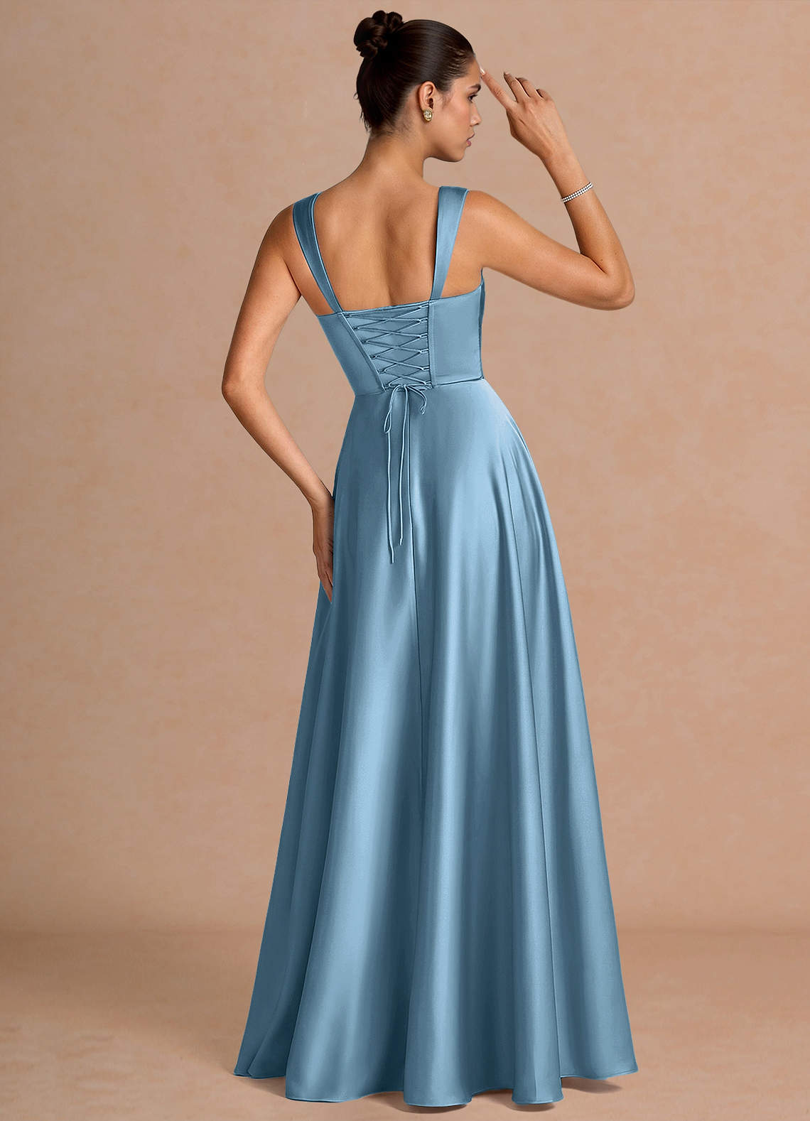 Azaria A-Line Square-Neck Stretch Satin Wedding Guest Dress in Steel Blue