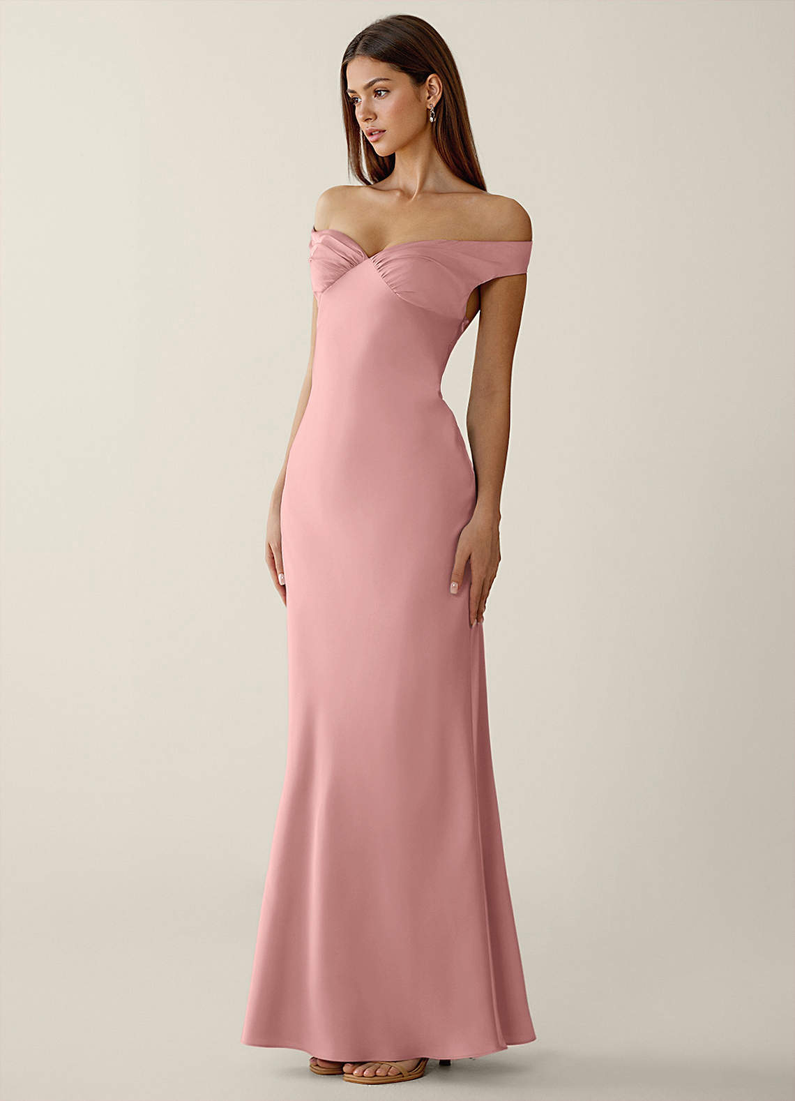 Gwendonme Sheath Off-the-Shoulder Satin Crystal Linen Evening Dress in Powder Pink