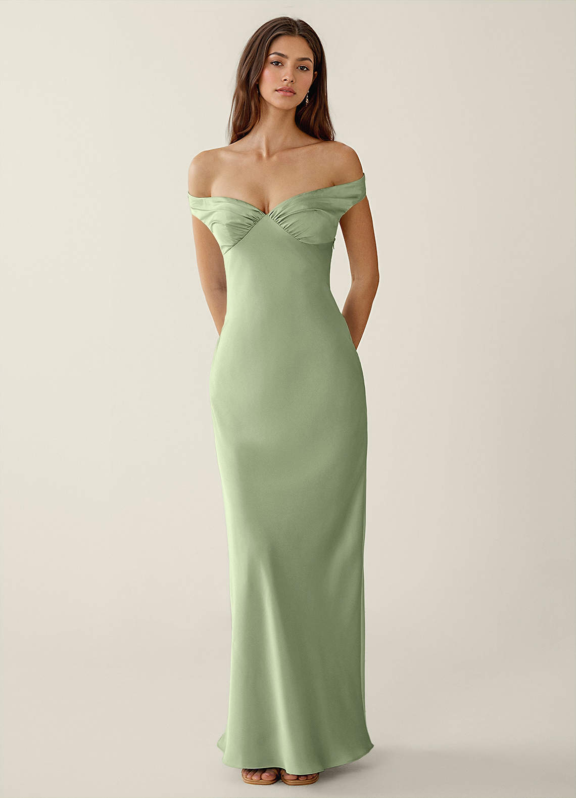 Gwendonme Sheath Off-the-Shoulder Satin Crystal Linen Evening Dress in Light Green