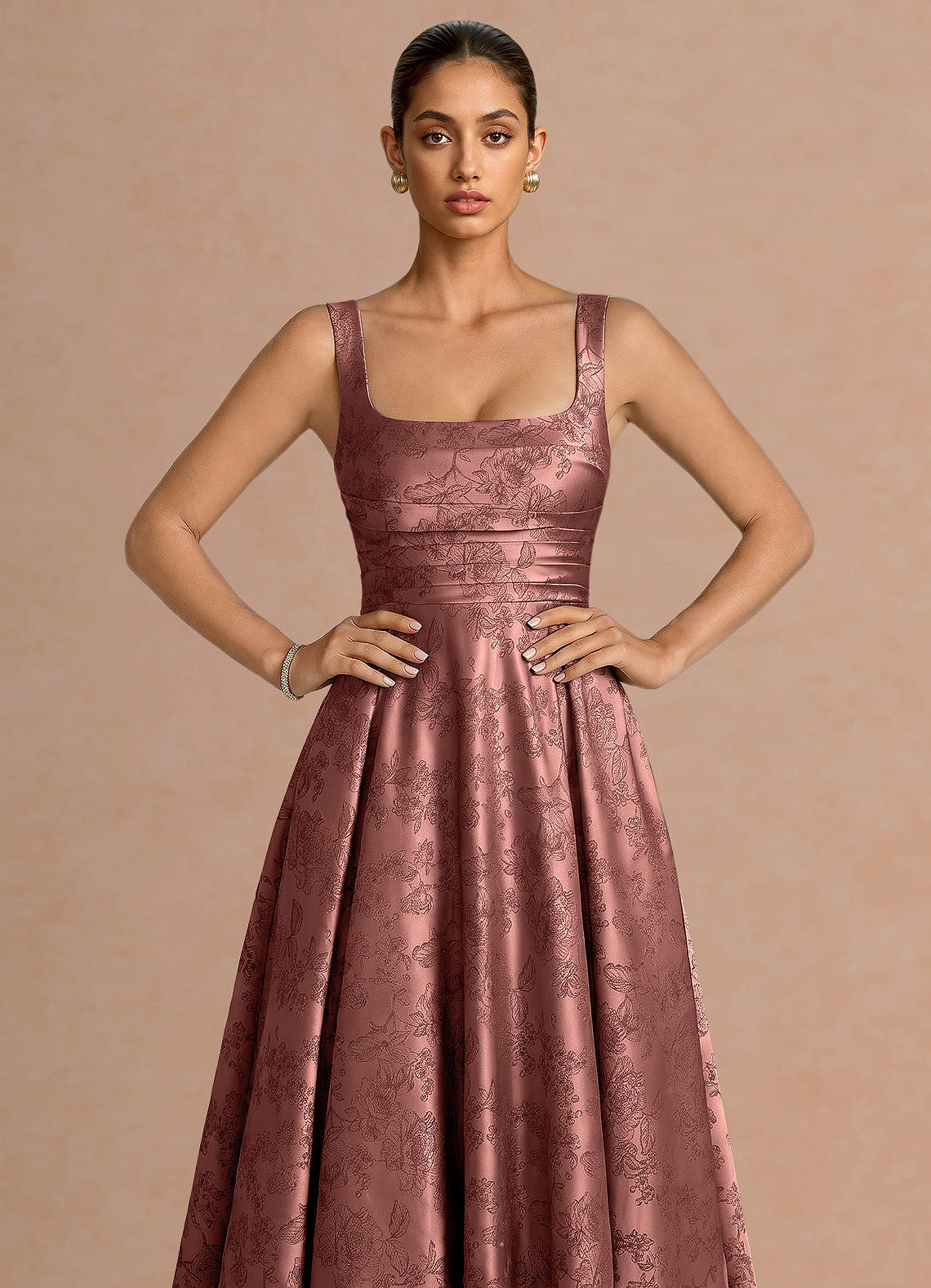 Azaria A-Line Square-Neck Jacquard Evening Dress in Vintage Rose