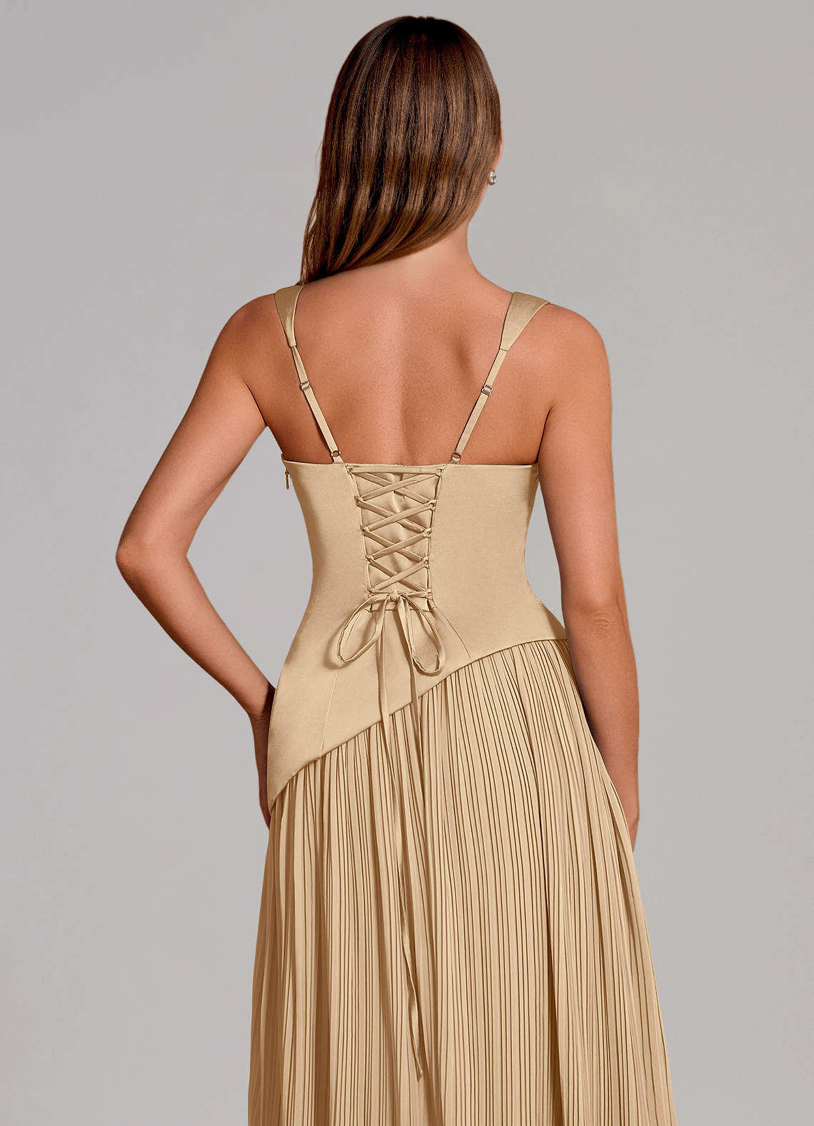 Stephanie A-Line Square-Neck Stretch Satin and Chiffon Bridesmaid Dress in Champagne